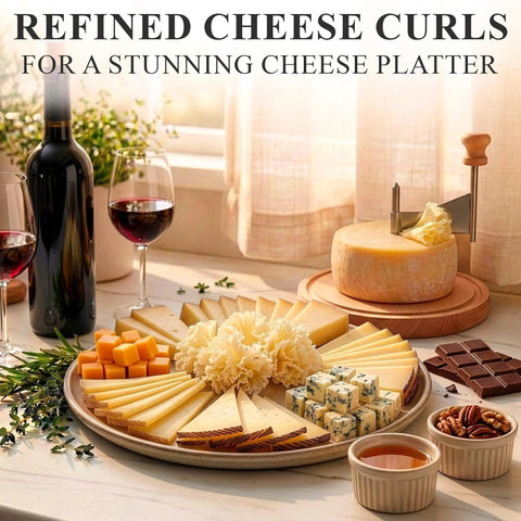 Rose Shaped Cheese Cutter Shaver For Semi Hard Cheeses, Manual Rotating Wheel Tool displayed with cheese platter and wine.