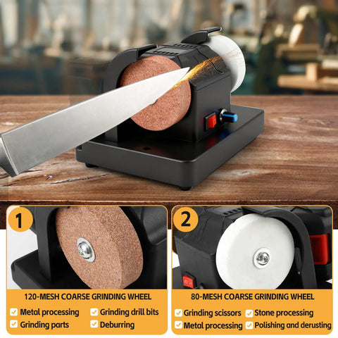 Grab And Go Cordless Mini Bench Grinder With Variable Speed Control Up To Seven Thousand RPM Dual Grinding Wheels for metal and wood.
