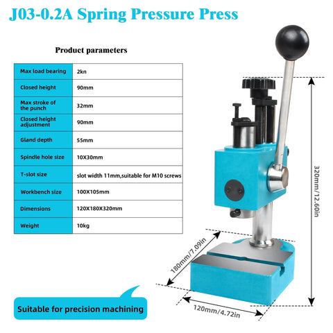 Arbor Press 2KN Spring Loaded Manual Shaft Press Benchtop Hand Hole Puncher with dimensions and specifications chart