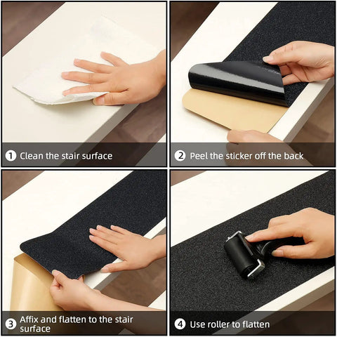 Step-by-step installation of No Slip Stair Treads With 80 Grit PET Non Skid Tape For Indoor Outdoor Steps And Staircases Ten Pre Cut Traction Strips With Roller For Easy Installation 6 By 30 Inches Black, showing cleaning, peeling, affixing, and rolling the strip onto a white stair.