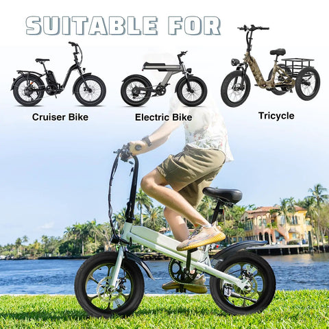 Fat Sixteen By Two Point Five Inch Electric Bike Tire With All Terrain Knobby Tread For E Trikes And E Bikes Foldable Replacement Tire For Snow Sand Mud And Dirt High Traction And Strong Grip Durable Heavy Duty Design on cruiser bike, e-bike, and tricycle