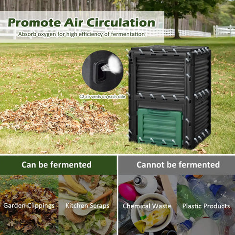 Outdoor Garden Compost Bin 80 Gallon 300L BPA Free Plastic No Fuss Easy Setup Barrel for fast fertile soil creation visible outdoors
