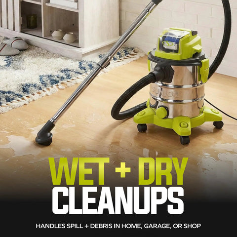 Cordless No Cord Hassle Wet And Dry Vacuum Cleaner With 24V Battery And Charger Stainless Steel 5.3 Gallon Tank on floor
