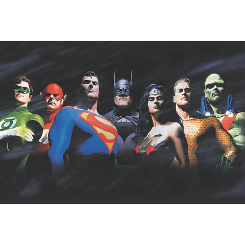Justice League Alex Ross Peel and Stick Wall Mural Set showing superhero ensemble, 108 Inch by 72 Inch wallpaper, 6 panels.