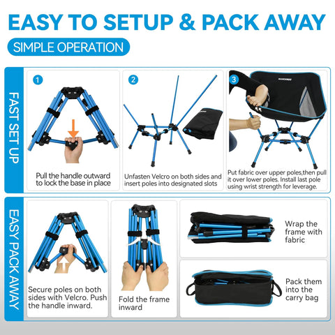Easy setup and pack instructions for Ultra Lightweight Folding Camping Chair For Outdoor Adventures And Travel, supports 330 lbs.