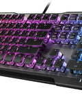 Premium Mechanical Gaming Keyboard Delivers A Sick Performance With A Durable Skeletal Steel Frame Buttery Smooth Keys And Epic Rgb Backlighting viewed from an angle with dynamic RGB lighting.