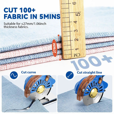 Heavy Duty Electric Fabric Rotary Cutter With Slick One Hundred Millimeter Blade For Plugged In Sewing Cuts Thick Cotton Leather In A Snap No Sweat Killer Motor Handles Multi Layer Smooth Operator Tool