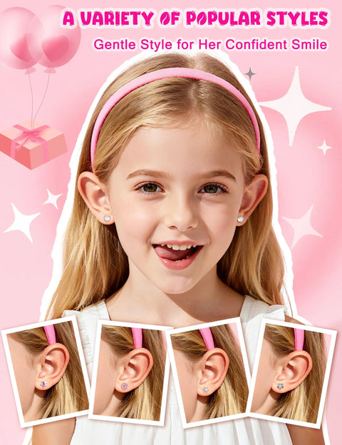 16 Pairs Hypoallergenic Screw Back Earrings Set For Girls And Kids Featuring CZ Studs, Pearl, Heart, Star, Flower And Ball Designs In Stainless Steel, Super Cute And Safe For Sensitive Ears on child
