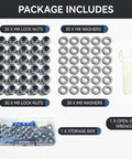 All-In-One 61-Piece M8 Stainless Steel Lock Nut And Flat Washer Kit With 13mm Open-End Wrench, Includes 30 M8-1.25 Nylon Hex Lock Nuts And 30 Heavy-Duty Washers (8x18x1.5mm) In Sturdy Storage Box layout