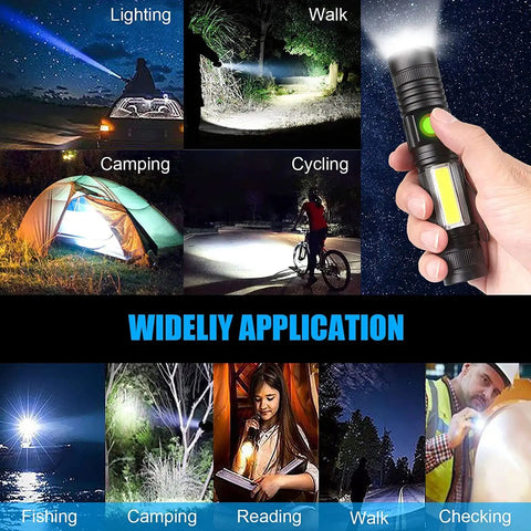 USB Rechargeable Magnetic LED Flashlight with Zoomable Beam shown in various situations like camping and reading at night.