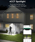Outdoor Security Camera With 2K 4MP HD Video monitoring a house entrance with spotlight at night, remote live view on phone screen.