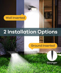 StarRay Dusk To Dawn Outdoor Solar Spot Lights IP65 Waterproof shown wall and ground installed in garden at dusk.