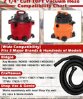 Compatibility chart for Heavy Duty 10 Ft Vacuum Hose Replacement with 2.25 In Cuff and 1.25 In Diameter for Shop Vac, Craftsman, Ridgid Wet Dry Vacs