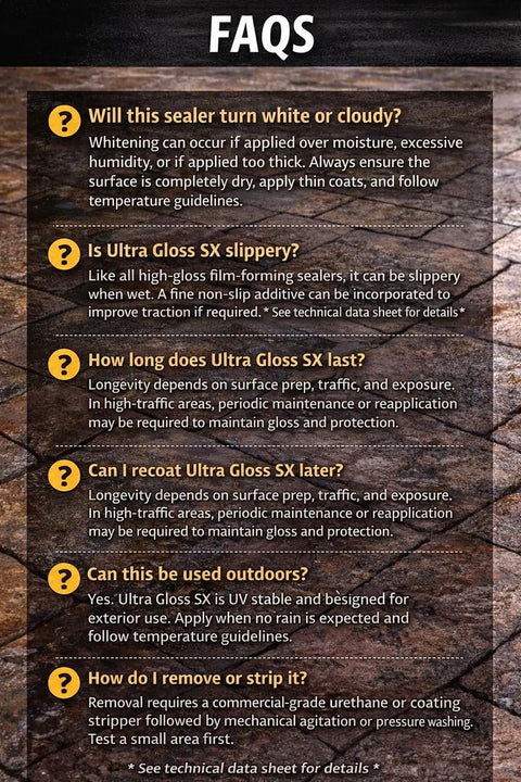 FAQ image about Pro Level Wet Look High Gloss Sealer For Pavers Concrete And Stone application and maintenance details.