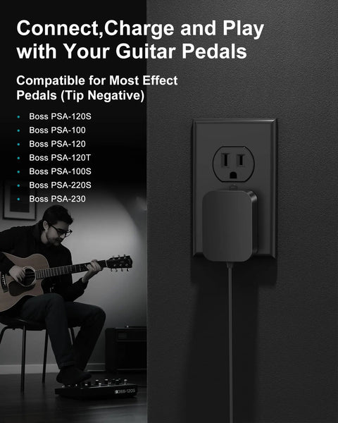 Rock-Solid 9V Guitar Pedal Power Supply with Quiet Gig-Ready Operation plugged in alongside a musician with guitar pedals.
