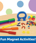 Magnet Lab Kit For Kids Ages 5 And Up With 119 Pieces, including colorful wands, horseshoe magnet, marbles, and rings on a table.