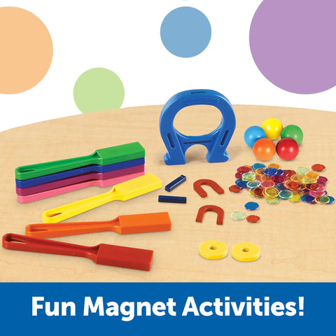 Magnet Lab Kit For Kids Ages 5 And Up With 119 Pieces, including colorful wands, horseshoe magnet, marbles, and rings on a table.
