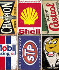 Kickass Vintage Metal Tin Signs Set Of Six Retro Garage Wall Decor featuring oil brand prints, square metal signs.
