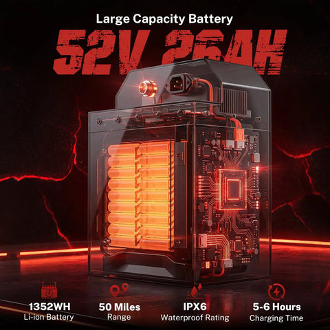 52V 26Ah battery for Villain 4160W Electric Dirt Bike With 52V 26Ah Battery, glowing orange cells and circuit board design.