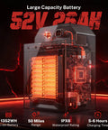 Large capacity 52V 26Ah Li-ion battery with illuminated cells for electric dirt bike performance.