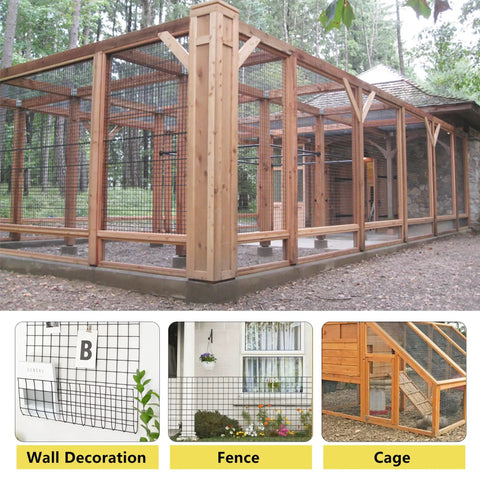 Heavy Duty Black Vinyl Coated 16 Gauge Hardware Cloth With One Inch Mesh Opening Forty Eight Inches Wide By One Hundred Feet Long built into a wooden outdoor fence structure.