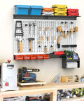 Pegboard Wall Organizer System For Garage And Workshop No Brainer 4 Ft Kit With Hooks Bins Overhead Shelves Wall Mounted Storage