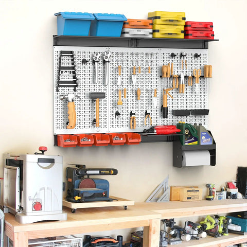 Pegboard Wall Organizer System For Garage And Workshop No Brainer 4 Ft Kit With Hooks Bins Overhead Shelves Wall Mounted Storage