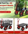 Heavy Duty Garden Wagon Cart With 1400 Lbs Capacity And Mesh Sides That Detach To Flatbed, 2 In 1 Handle, 16 Inch Tires