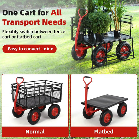 Heavy Duty Garden Wagon Cart With 1400 Lbs Capacity And Mesh Sides That Detach To Flatbed, 2 In 1 Handle, 16 Inch Tires
