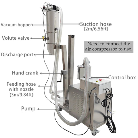 Industrial Grade Pneumatic Vacuum Conveyor And Feeder Loader showcasing stainless steel hopper, pump, control box, and suction hose.