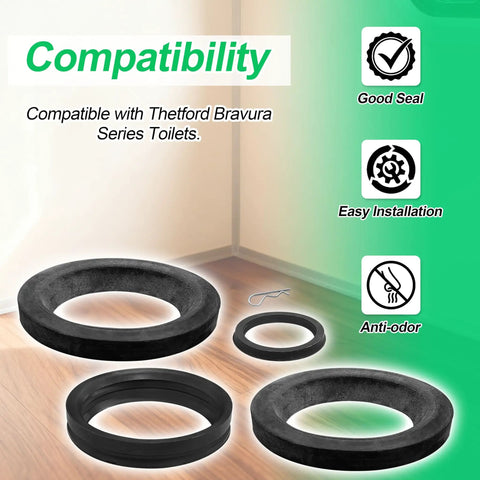 31112 Service Package Replacement For Bravura RV Toilets Flange Seal Gasket Black Leakproof Seal Kit components on surface