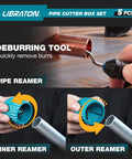 LIBRATON pipe cutter box set, 5 pcs, packaging shows deburring tool and pipe reamer