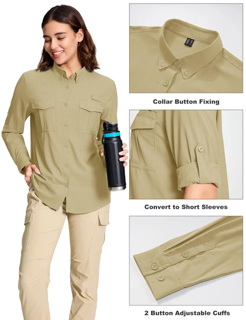 Woman wearing Womens Hiking Shirt Quick Dry UPF 50 Plus Long Sleeve Button Down For Camping Fishing Sailing And Outdoor Adventures Lightweight Breathable Moisture Wicking Khaki Large