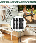 Heavy Duty 4 Piece Foldable Table Leg Extenders Adjustable Height Riser Kit with setup images for various uses like crafting and dining.