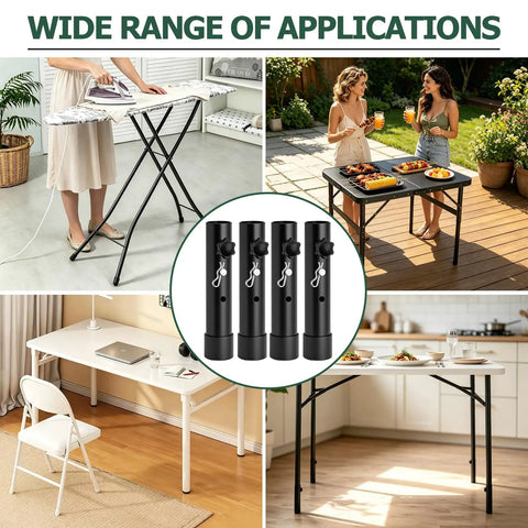 Heavy Duty 4 Piece Foldable Table Leg Extenders Adjustable Height Riser Kit with setup images for various uses like crafting and dining.