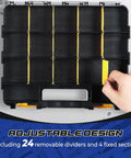 2 Pack 34-Compartment Double-Sided Parts Organizer With Removable Dividers, visible hand adjusting a divider in yellow plastic case