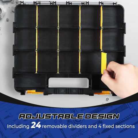 2 Pack 34-Compartment Double-Sided Parts Organizer With Removable Dividers, visible hand adjusting a divider in yellow plastic case