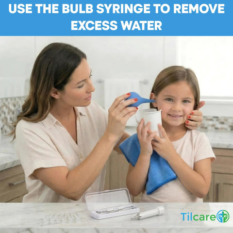 All In One Ear Wax Removal Kit For Home Use For Adults And Kids with bulb syringe being used, microfiber towel visible