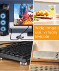 Self Adhesive Rubber Bumpers For Cutting Boards And Appliances, Clear Square Pad Feet, 20 Pack, shown used on speaker and keyboard