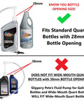 Heavy Duty Fluid Transfer Pump With 28 Mm Bottle Adapter And Long Flexible Tube Slips Past Tight Spots Like Butter featuring compatible bottle sizes.