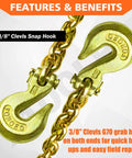 3/8" Clevis Snap Hook features of G80 Transport Binder Chain Three Eighths Inch Ten Foot Clevis Grab Hooks Safe Working Load 7100 Lbs for Tie Down Towing