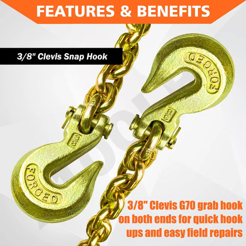 G80 Transport Binder Chain 3/8 Inch By 20 Foot With Clevis Grab Hooks, 7,100 Lbs Safe Working Load, Heavy Duty Logging Tow Tie Down Chain For Truck Trailer And Vehicle Transport Anywhere