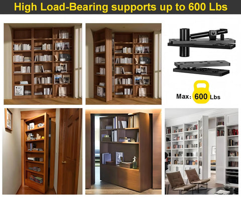 Heavy Duty Hidden Door Hinges With 600 Lbs Load Rating, Thickened Solid Steel Construction, Waterproof Finish, 360 Degree Rotation Pivot For Murphy Door Kit, Secret Door And Bookshelf Door Black showcasing hinge and installed doors.
