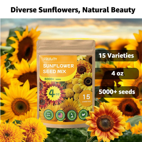Sunflower Seed Mix Pack With 15 Varieties And 5000 Seeds For Planting Four Ounce Bag Giant Mammoth And Dwarf Garden Varieties High Germination Attracts Pollinators Green Thumb Approved And Easy To Grow