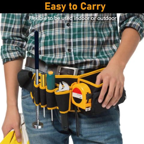 Person holding a 40 Inch Telescoping Magnetic Pickup Tool With 35 Lb Pull Extendable Heavy Duty Magnet Stick near tool belt