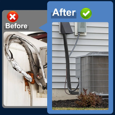 Before and after comparison showing Outdoor Copper Pipe Insulation Cover 72 By 10.2 Inches Heavy Duty Weatherproof Foam Sleeve in use.