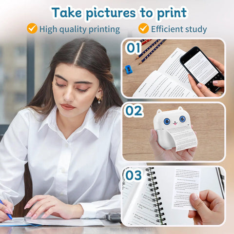 Pocket Sized Portable Bluetooth Mini Sticker Maker With Slick Inkless Thermal Tech And One Roll Of Glossy Paper for print use with studying materials.