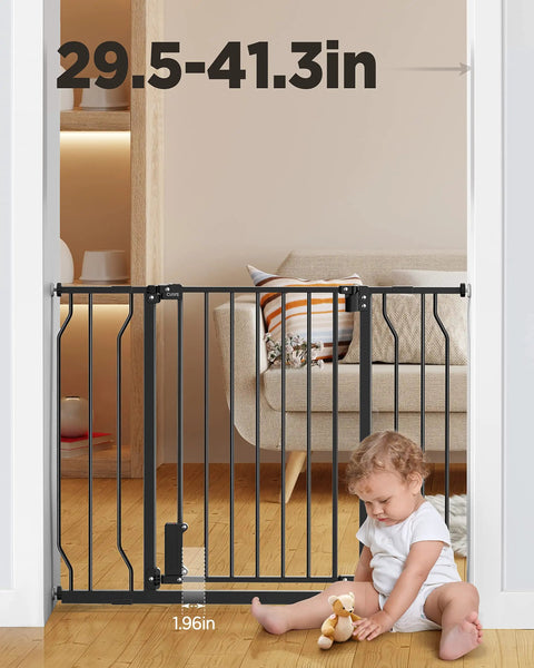 Adjustable Baby Gate 29.5 To 41.3 Inches, 30-Inch Tall Metal Safety Gate For Stairs And Doorways, child sitting nearby