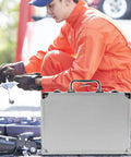 Workhorse Aluminum Toolbox Organizer With Heavy Duty Lock And Molded Foam Inserts Portable Stash Case For Tradesmen And Homeowners, shown outdoors.
