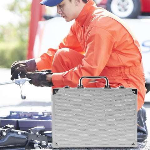 Heavy Duty Aluminum Alloy Tool Box With Badass Hard Shell Storage Case For Hand Tools And Instruments, portable, weatherproof, displayed on job site.
